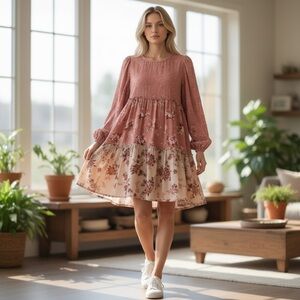 PENELOPE ROSE Women’s Medium Pink Long Sleeve BABYDOLL BLOUSE DRESS 🌟